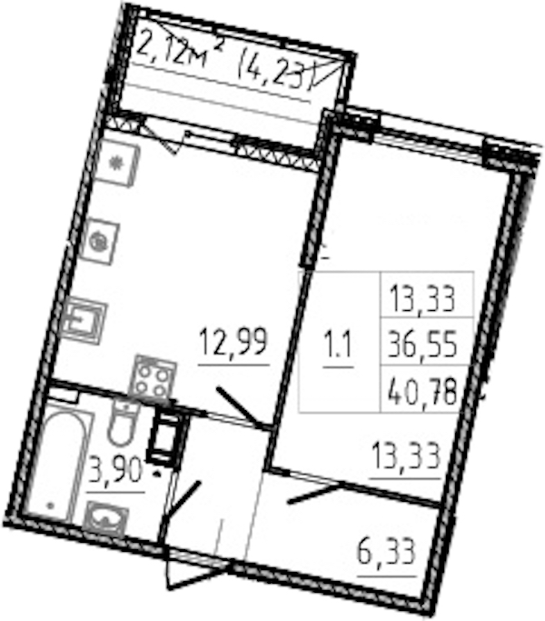 1-комнатная квартира 36.55 м², 12/14 эт., ЖК «Чёрная речка»